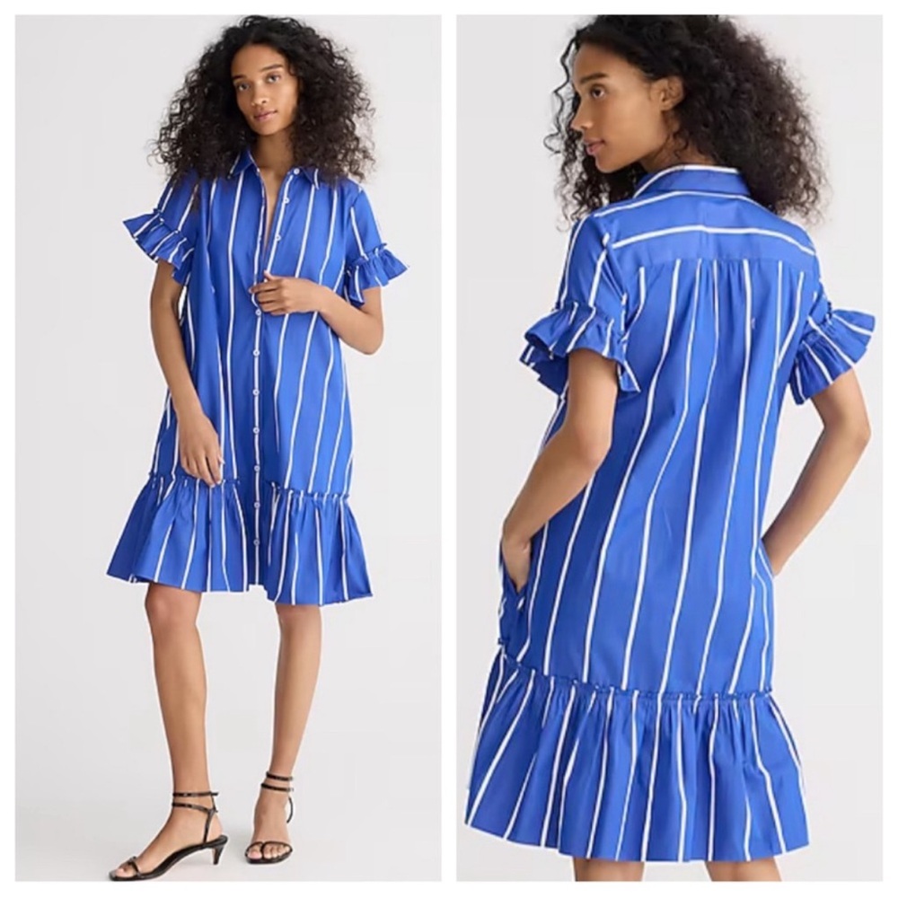 J. Crew Blue and White Vertical Stripe Ruffle-Hem Shirt Dress
